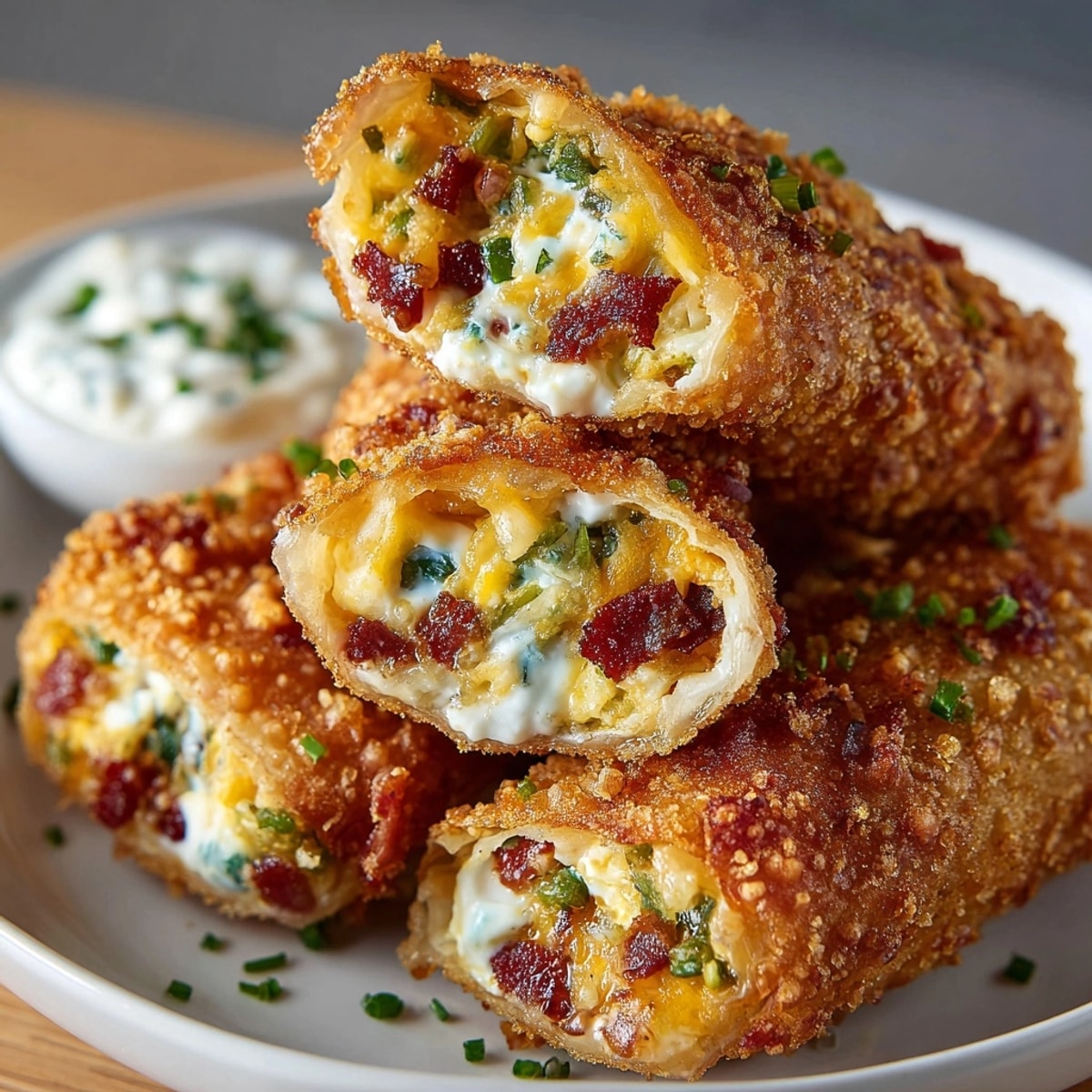 Golden, crispy Jalapeno Popper Egg Rolls served hot with creamy ranch dressing dip.