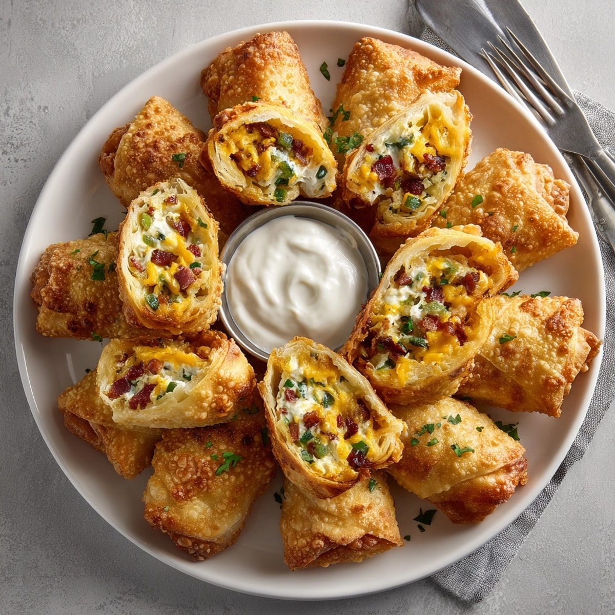 Plated Jalapeno Popper Egg Rolls with crunchy wrappers and cheesy filling, ready for snacking.