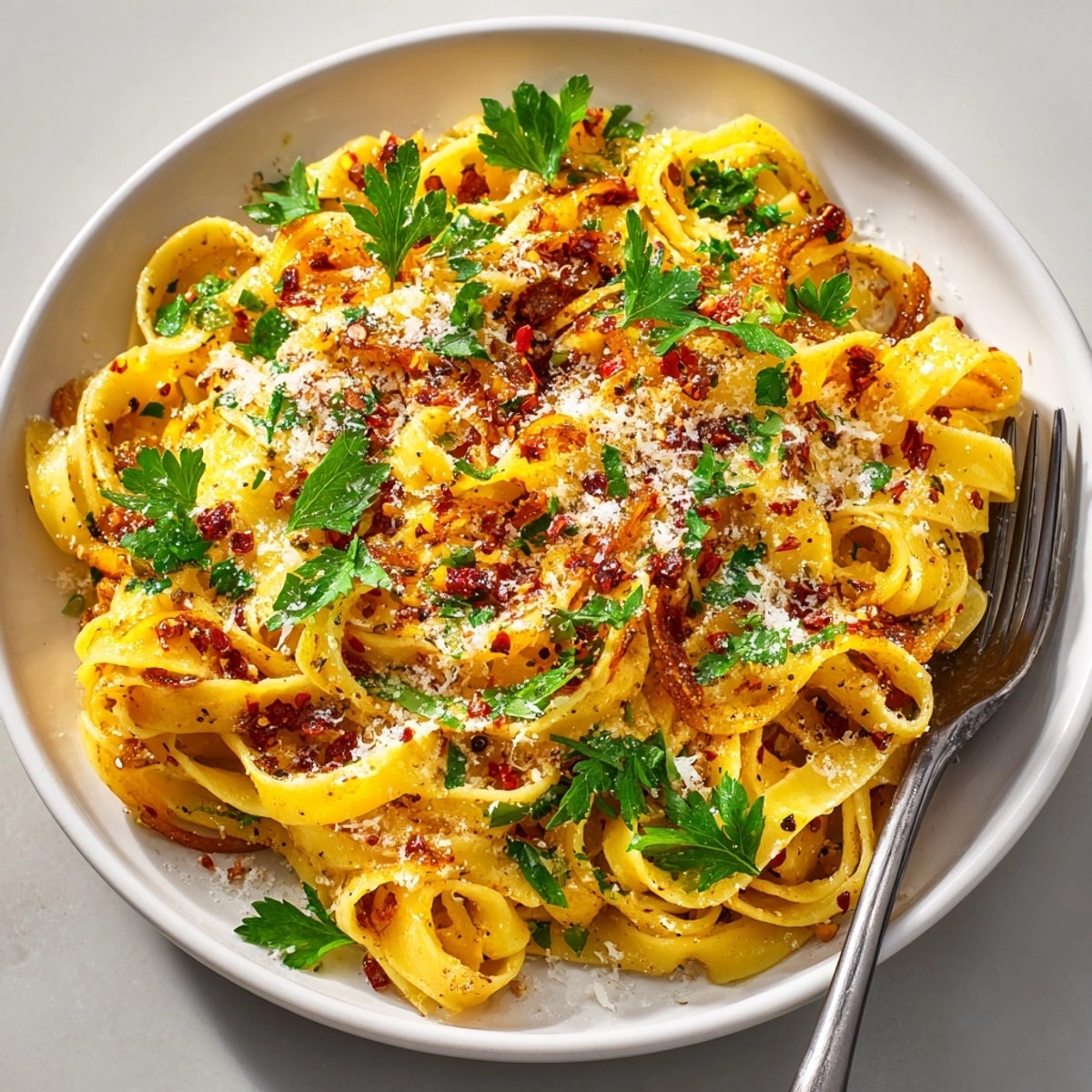 A steaming bowl of caramelized onion pasta with chilli oil, ready for a flavorful, spicy dinner.