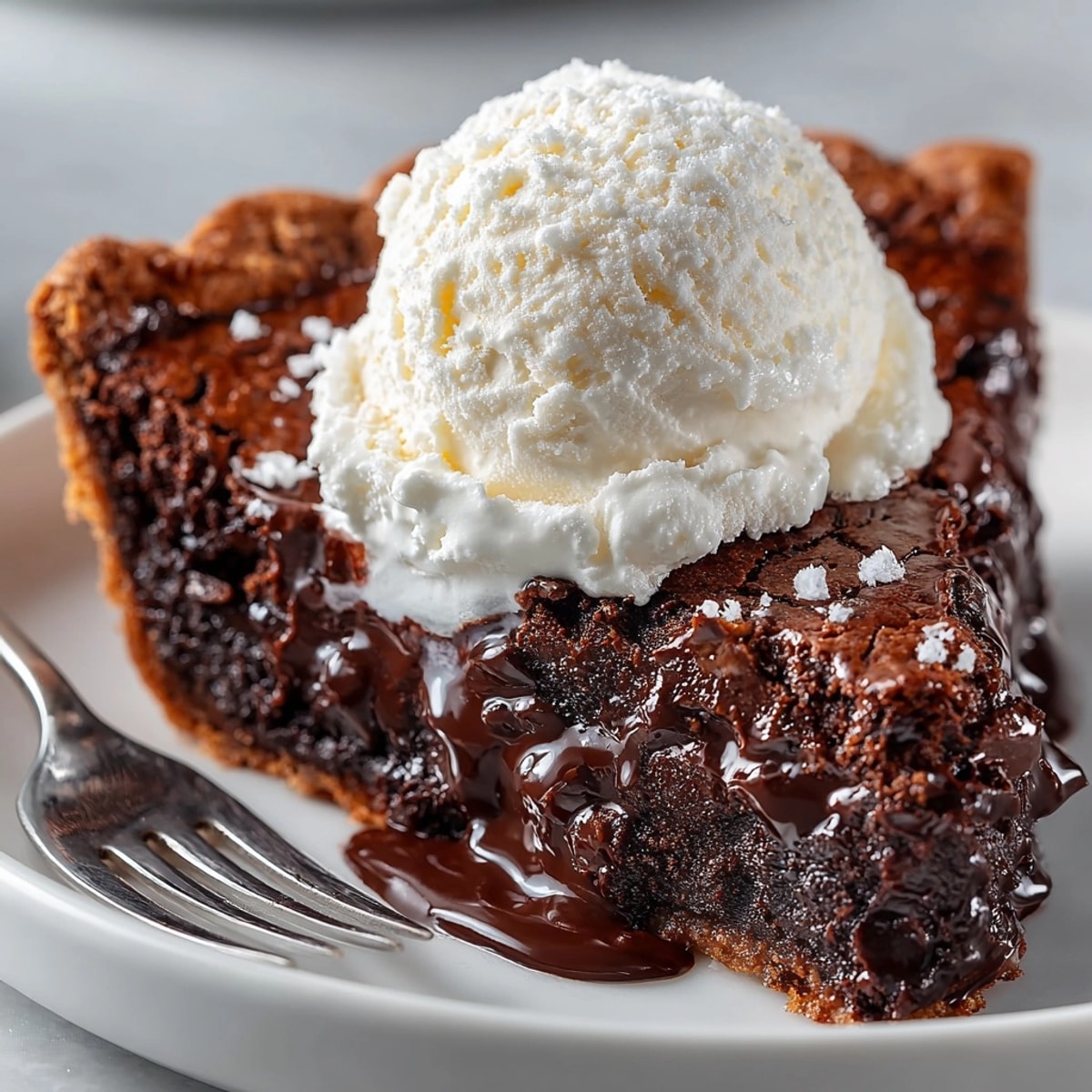 Freshly baked Hot Fudge Pie with a gooey chocolate center and crisp, crackly top.