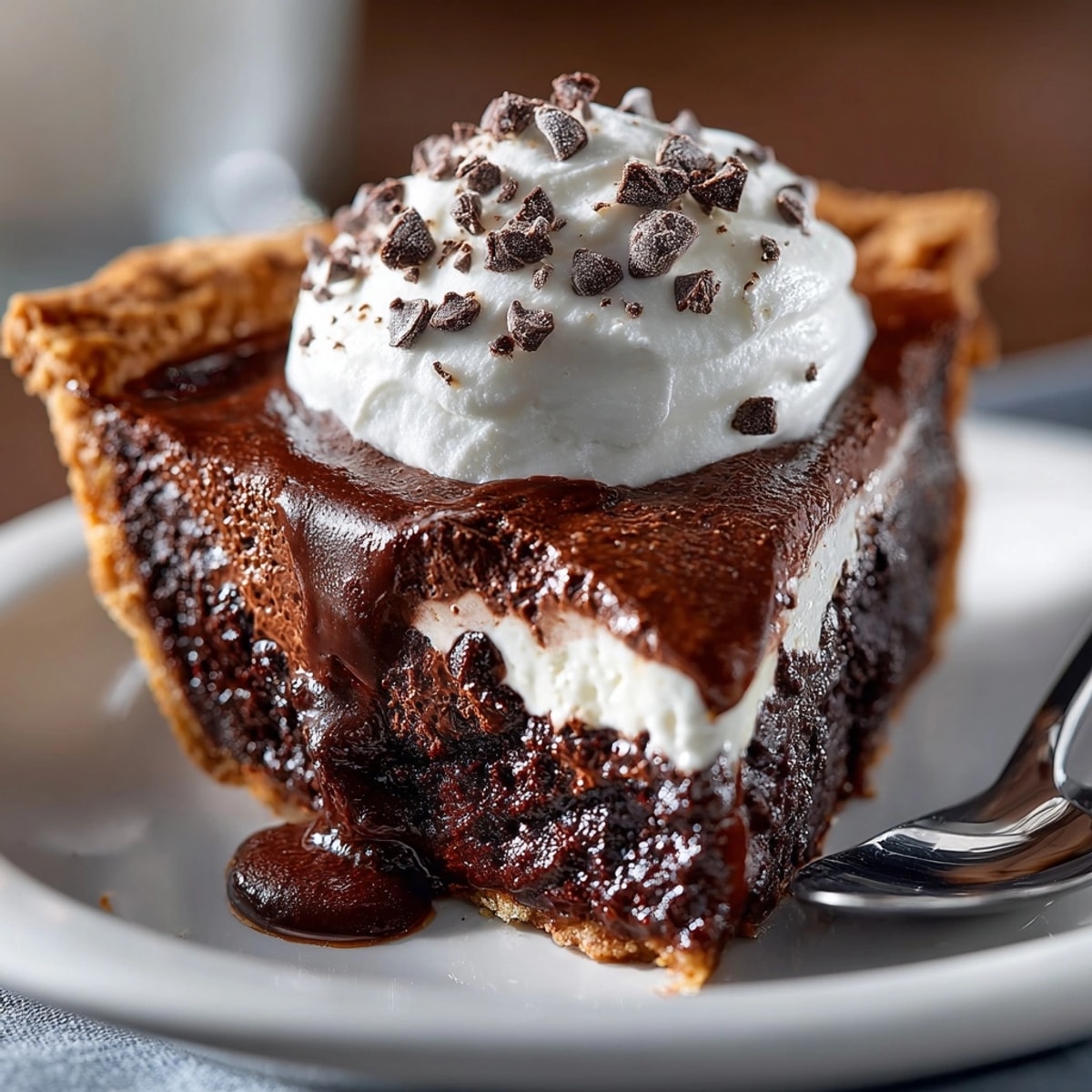 Close-up of Hot Fudge Pie showcasing its rich, fudgy filling and golden, baked edges.