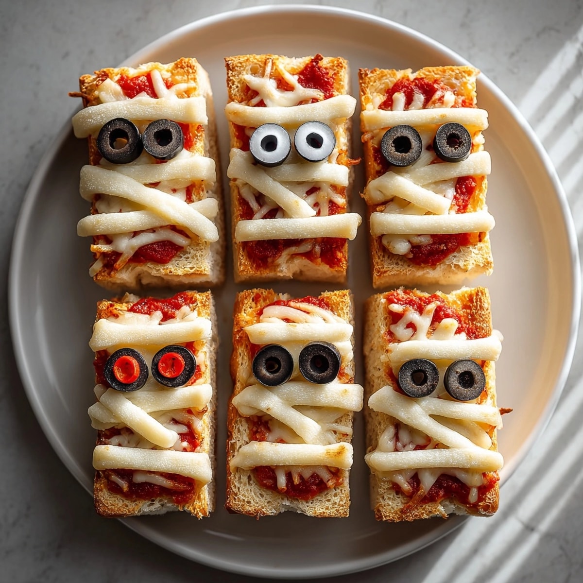 Making spooky Mummy French Bread Pizzas, perfect simple snack for a Halloween party.