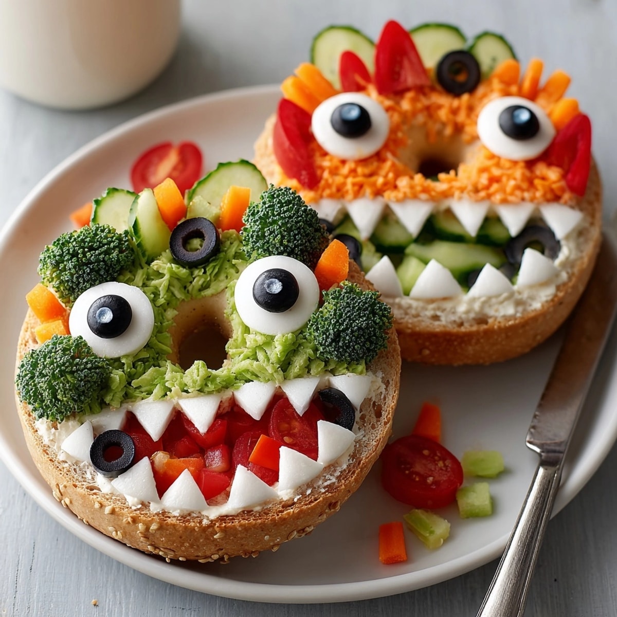Close-up of a decorated Monster Face Bagel, veggie cream cheese oozing, ready to eat.