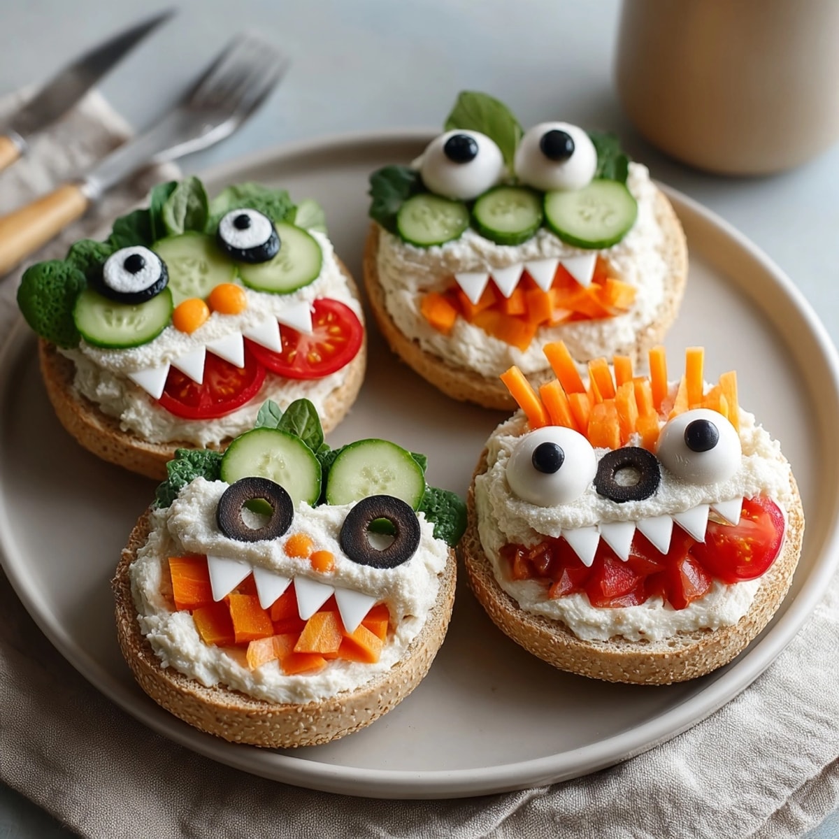 Whimsical Monster Face Bagels snack: cream cheese slathered, veggie features create silly faces.