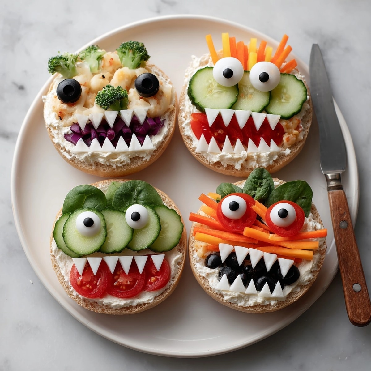 Homemade Monster Face Bagels bursting with fresh colorful vegetables; kids will love decorating them.