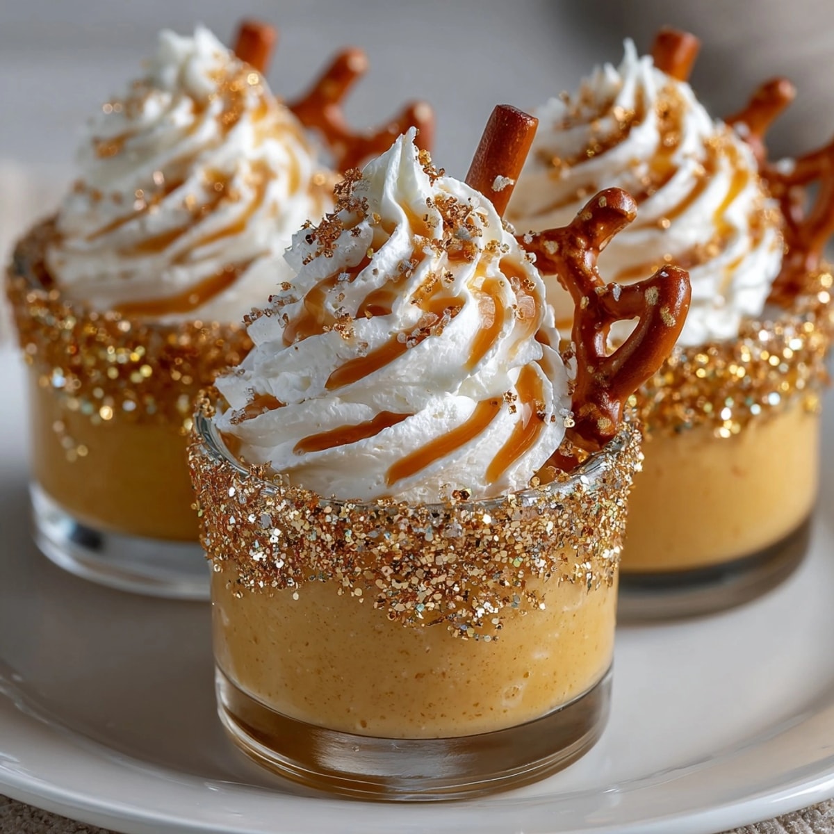 Creamy Butterscotch "Potion" Pudding Shots garnished with edible glitter, ready to enchant your guests.
