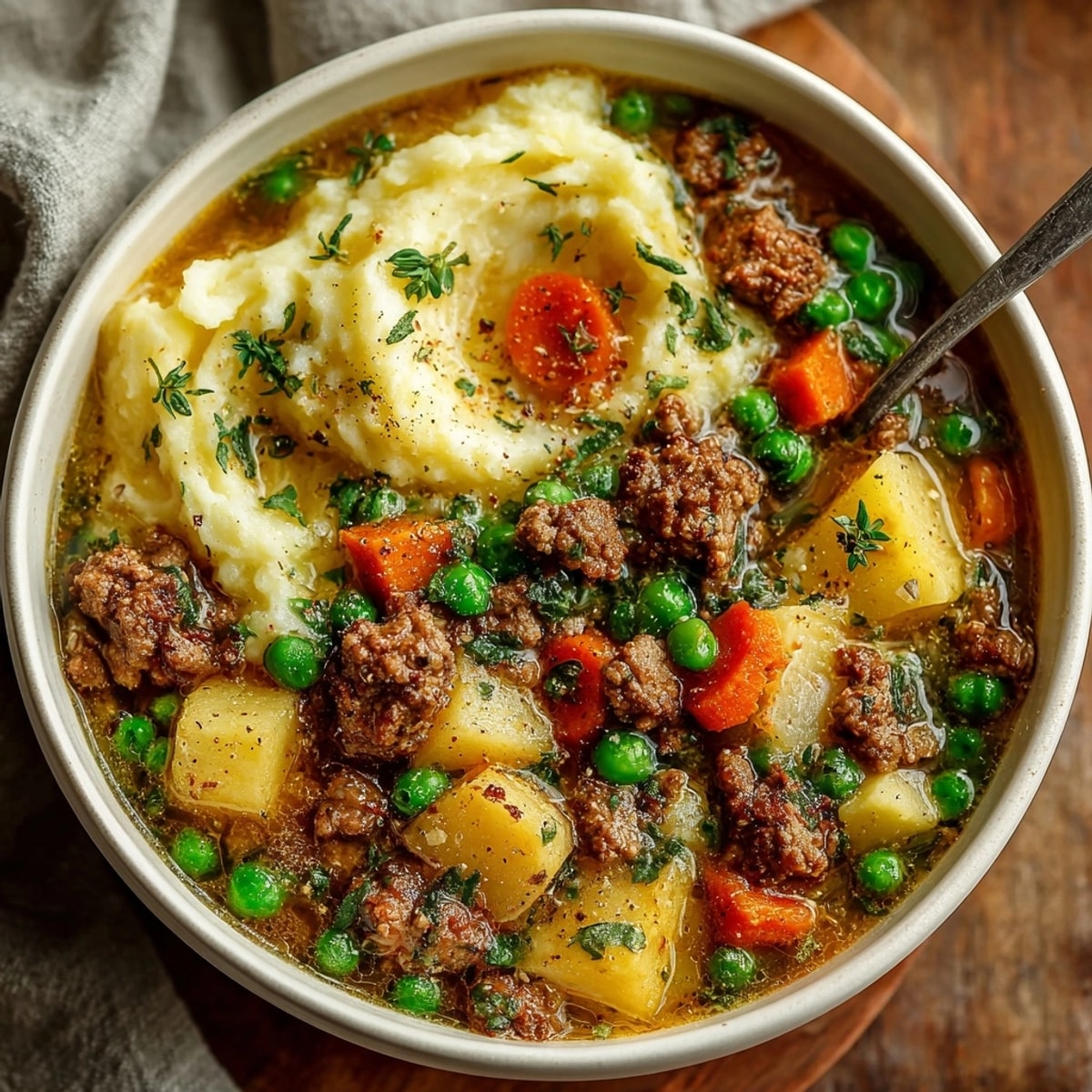 Creamy Shepherd's Pie Soup in a bowl; garnished with fresh thyme and ready to savor.