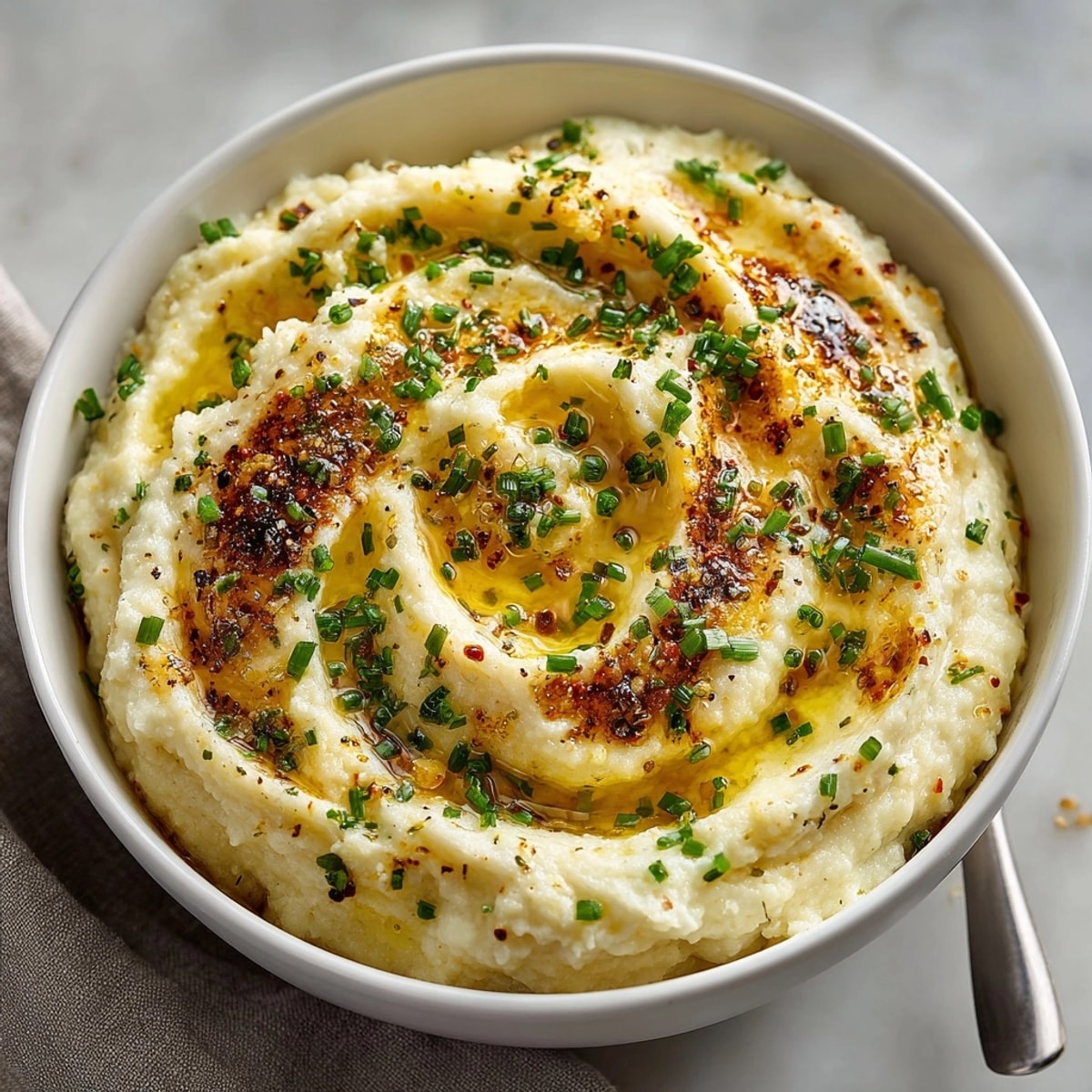 Close-up of velvety roasted garlic cauliflower mash; fragrant and simply seasoned before serving.