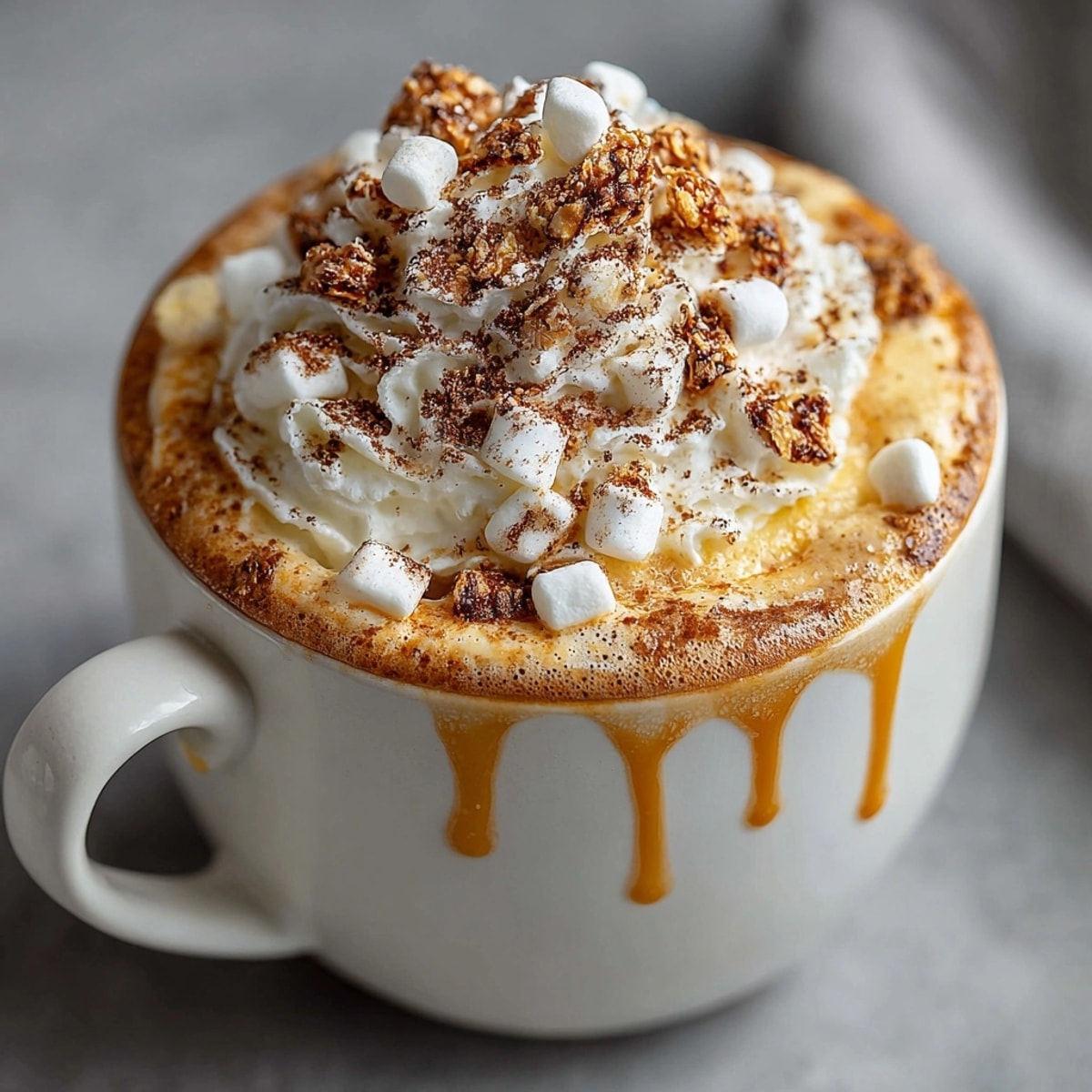 Creamy Pumpkin Spice Hot Cocoa in a mug, topped with whipped cream and spice.