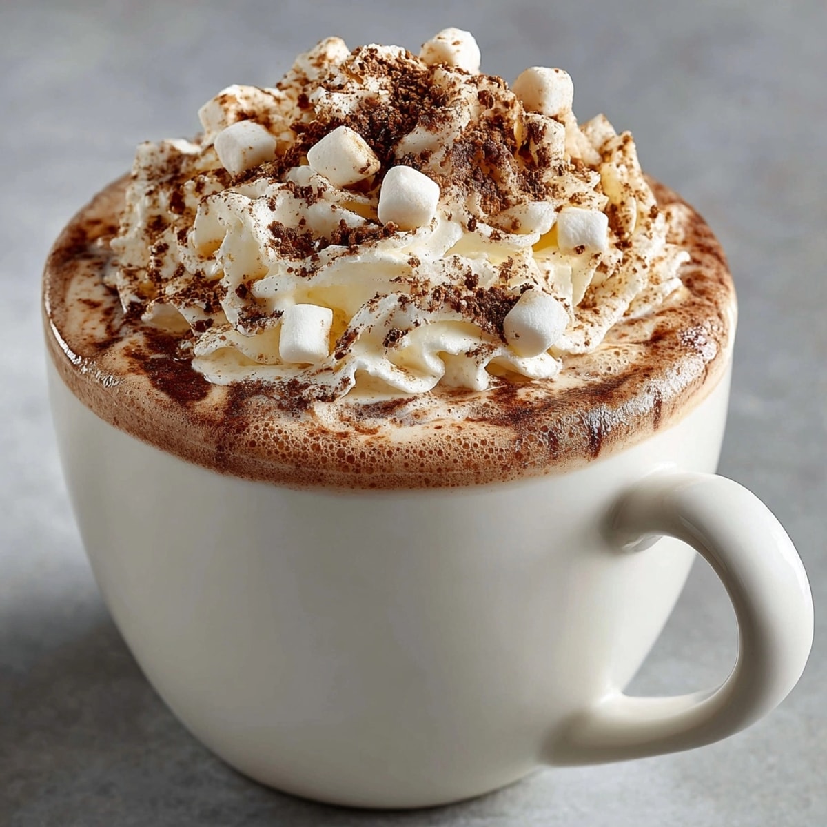 Warm, comforting Pumpkin Spice Hot Cocoa, a fall favorite, garnished with mini marshmallows.