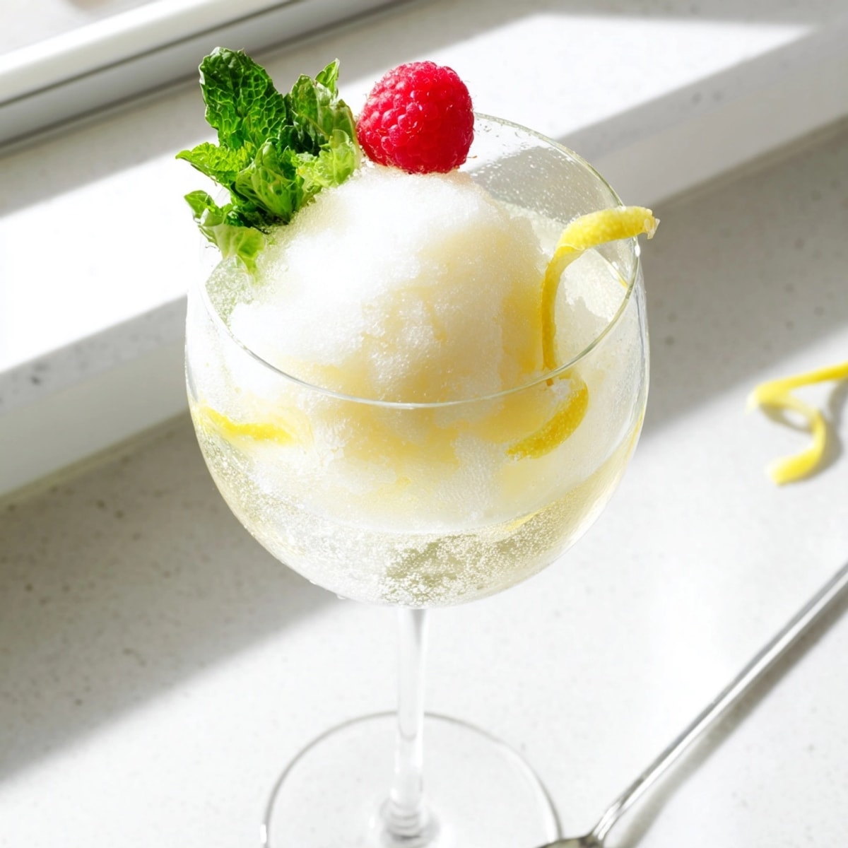 Chilled Prosecco Sorbet Float: Lemon sorbet fizzing in sparkling wine, garnished with fresh berries.