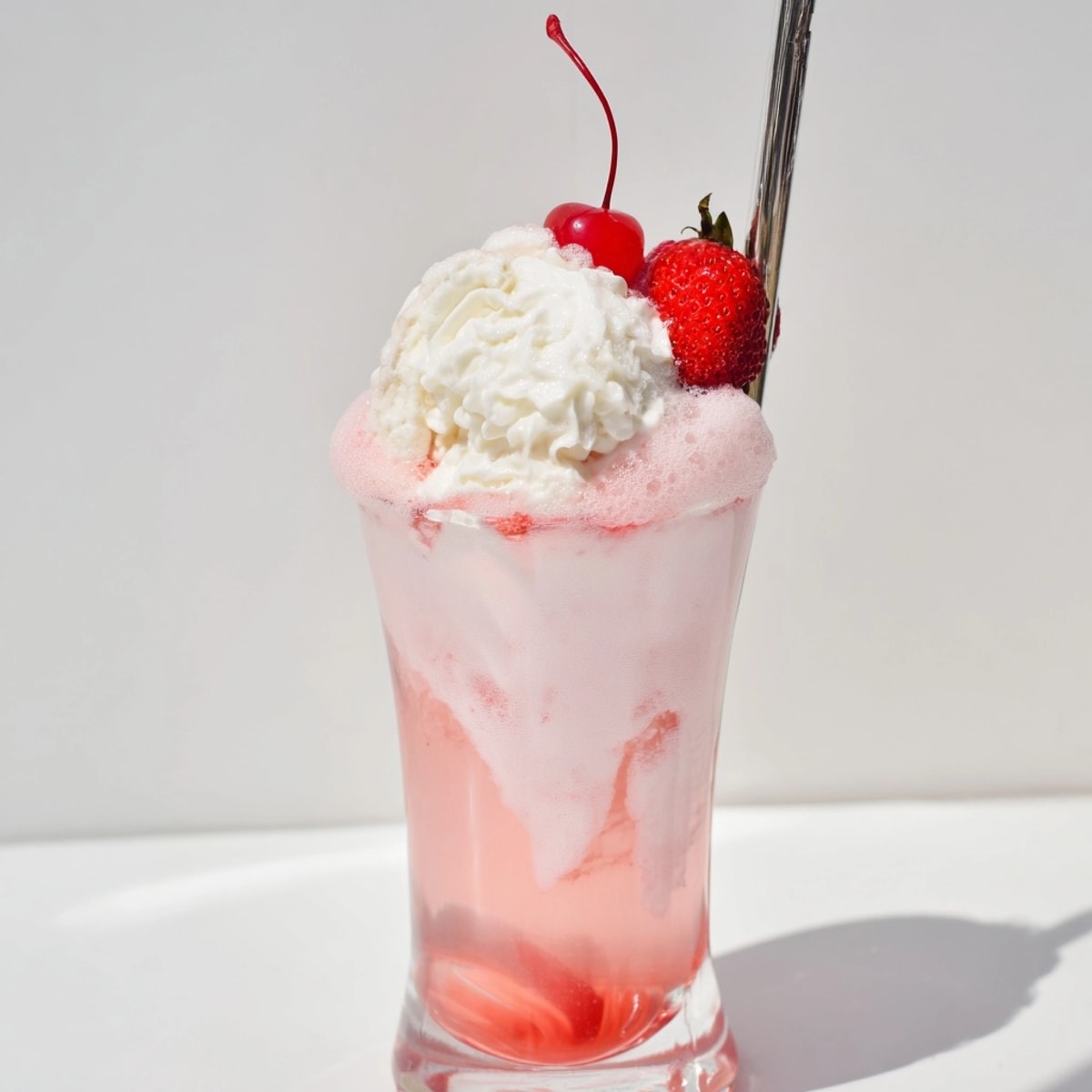 Tall glass with a pink Cupid Float beverage, topped with whipped cream and cherry.