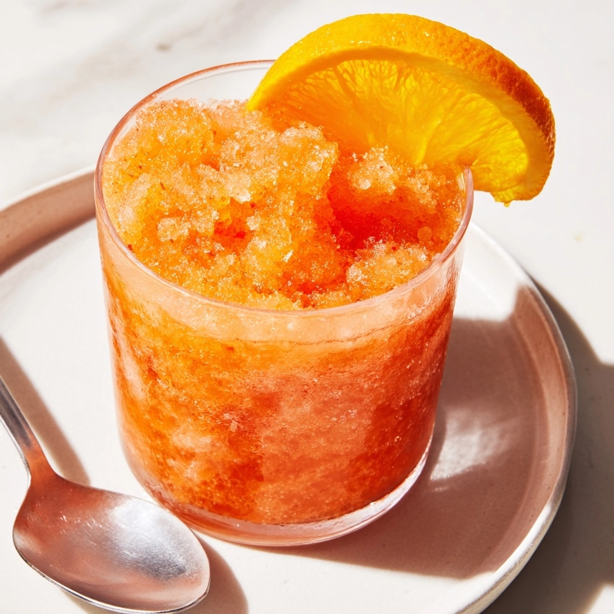Icy blended Frozen Aperol Spritz recipe in a glass, garnished with a vivid orange slice.