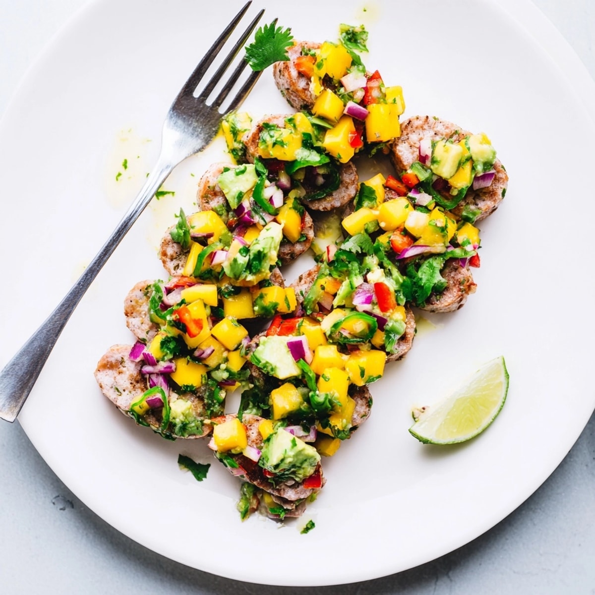Platter of sweet and savory Mango Avocado Salsa with Chicken Sausage recipe, ready to eat.