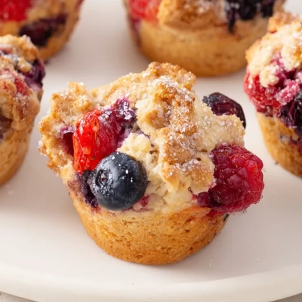 Golden baked Protein Mixed Berry Muffin Tops, dotted with juicy berries, cooling on a rack.