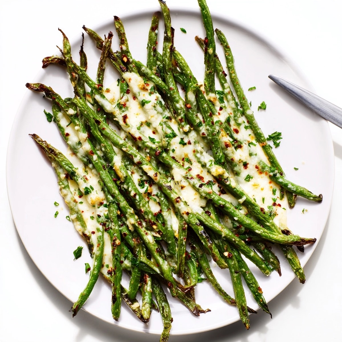 Hot Cheesy Garlic Roasted Green Beans, sprinkled with parsley: the perfect vegetarian side.