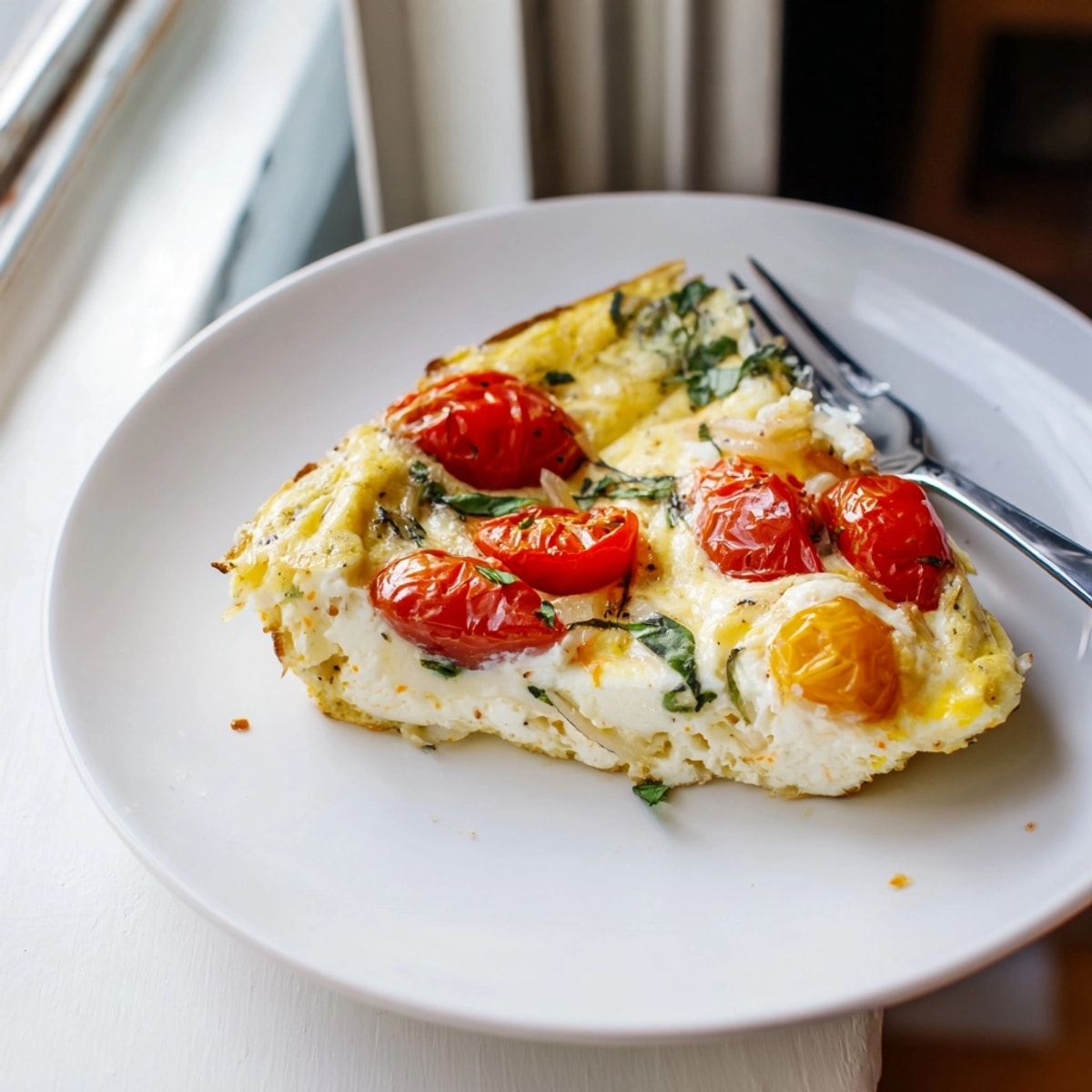 Oven-baked Ricotta Tomato Basil Frittata: creamy, cheesy, and flecked with basil.