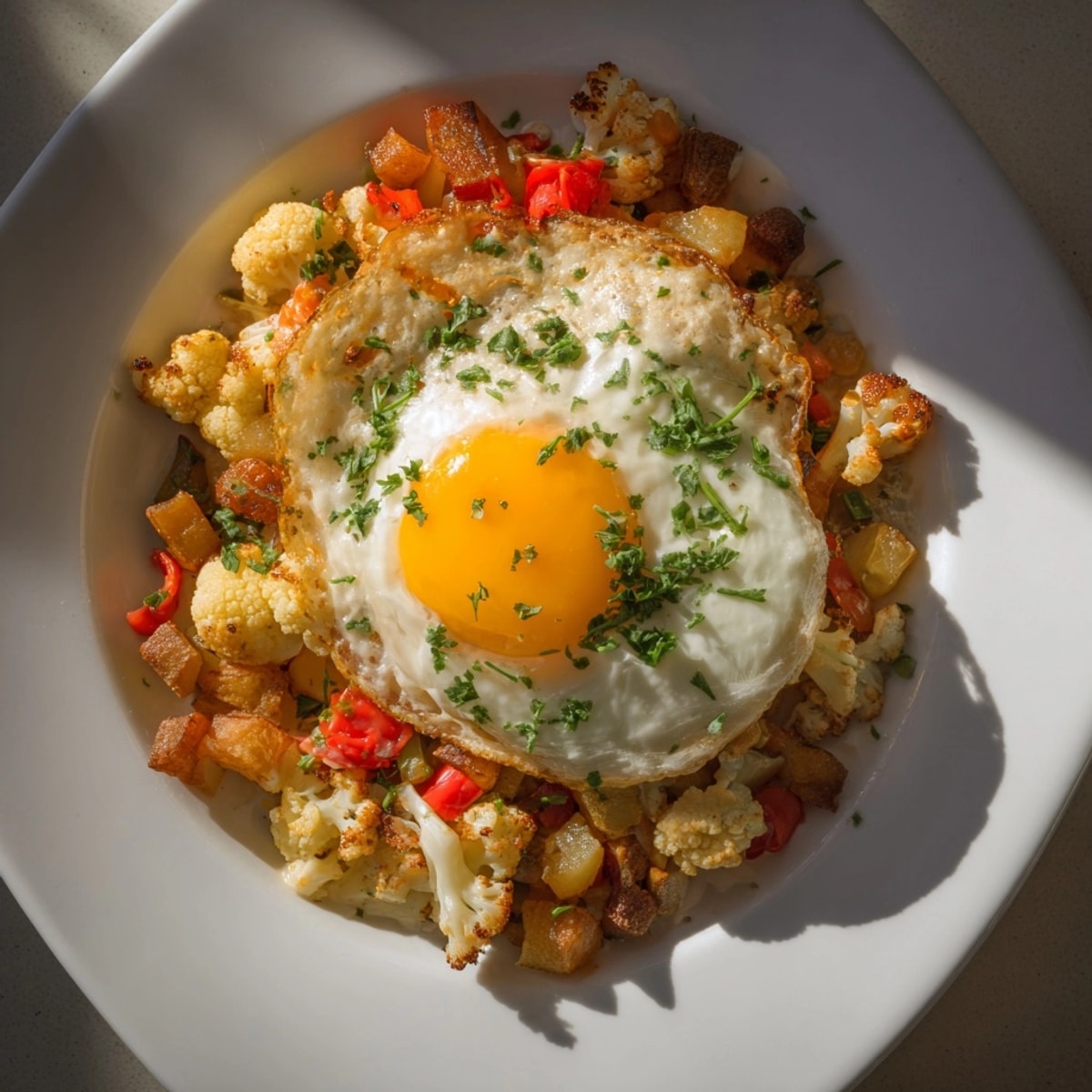 Golden Alfredo Cauliflower Breakfast Hash with runny eggs and creamy sauce; pure comfort.