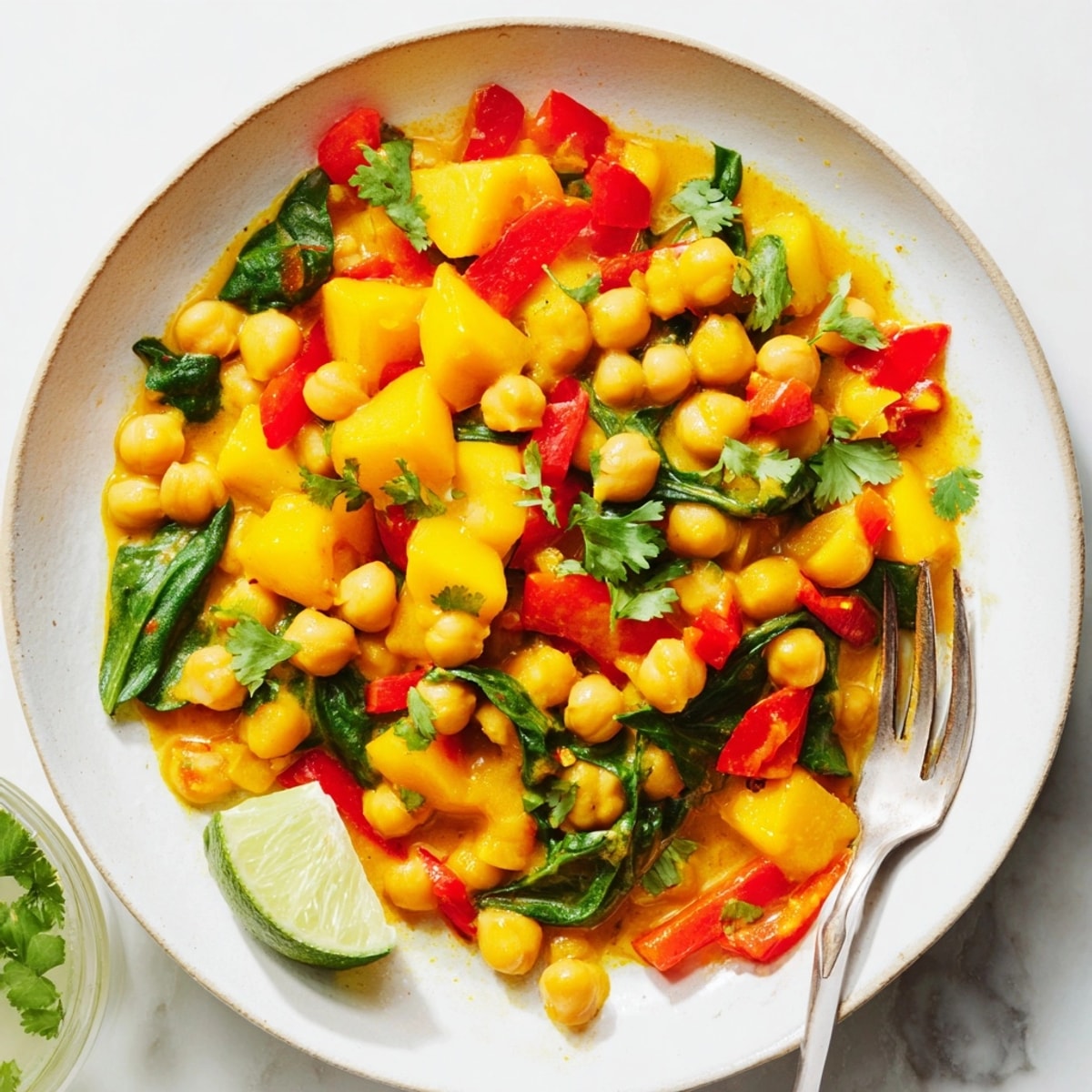 Easy one-pan Mango Curry Chickpea Skillet: creamy, colorful, and aromatic deliciousness.