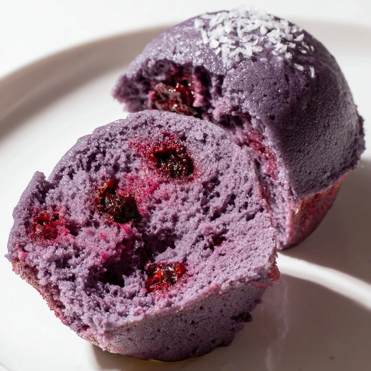 Soft ube cranberry mochi muffins, vibrant purple treats perfect for breakfast or snacks.  