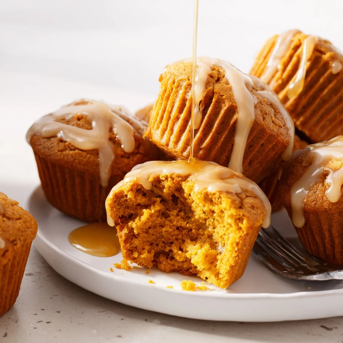Soft, spiced pumpkin muffins, drizzled with a rich smoked maple glaze.  