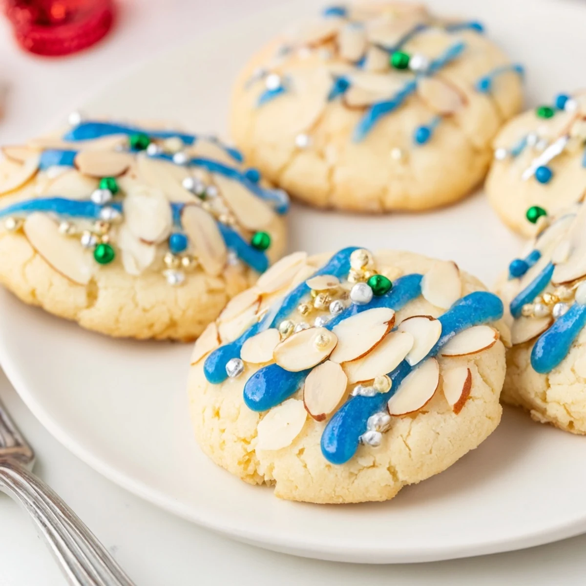 Melt-in-your-mouth almond cookies drizzled with glaze, perfect for holiday celebrations.  