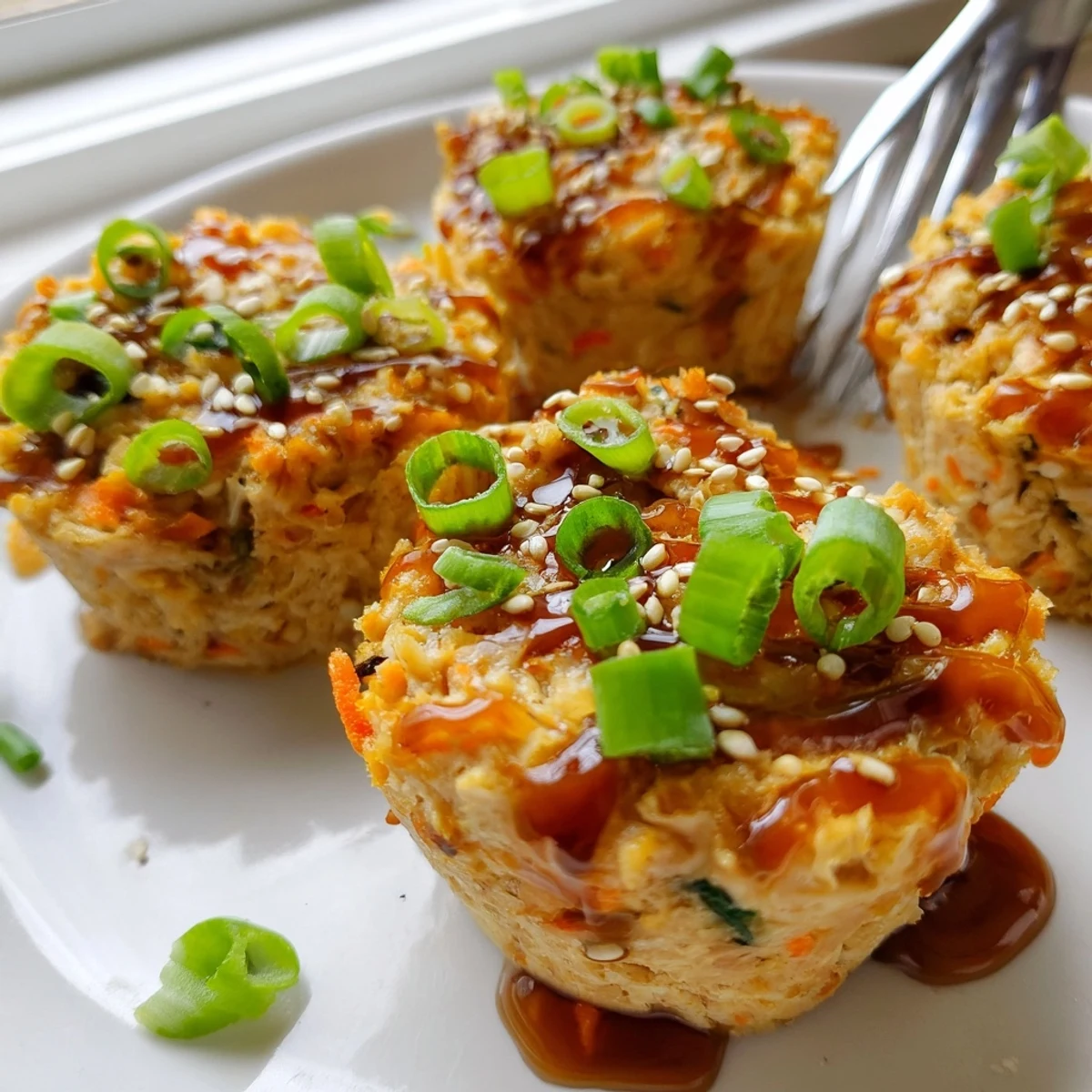 Savory turkey muffins drizzled with teriyaki sauce, perfect for satisfying cravings.  