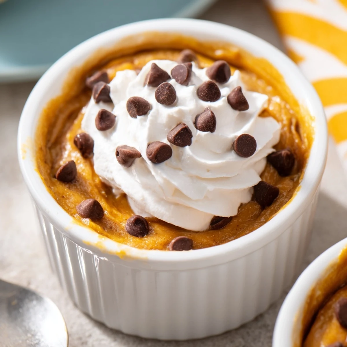 Creamy Thanksgiving Chocolate Chip Pumpkin Pudding topped with whipped cream and chocolate chips.  