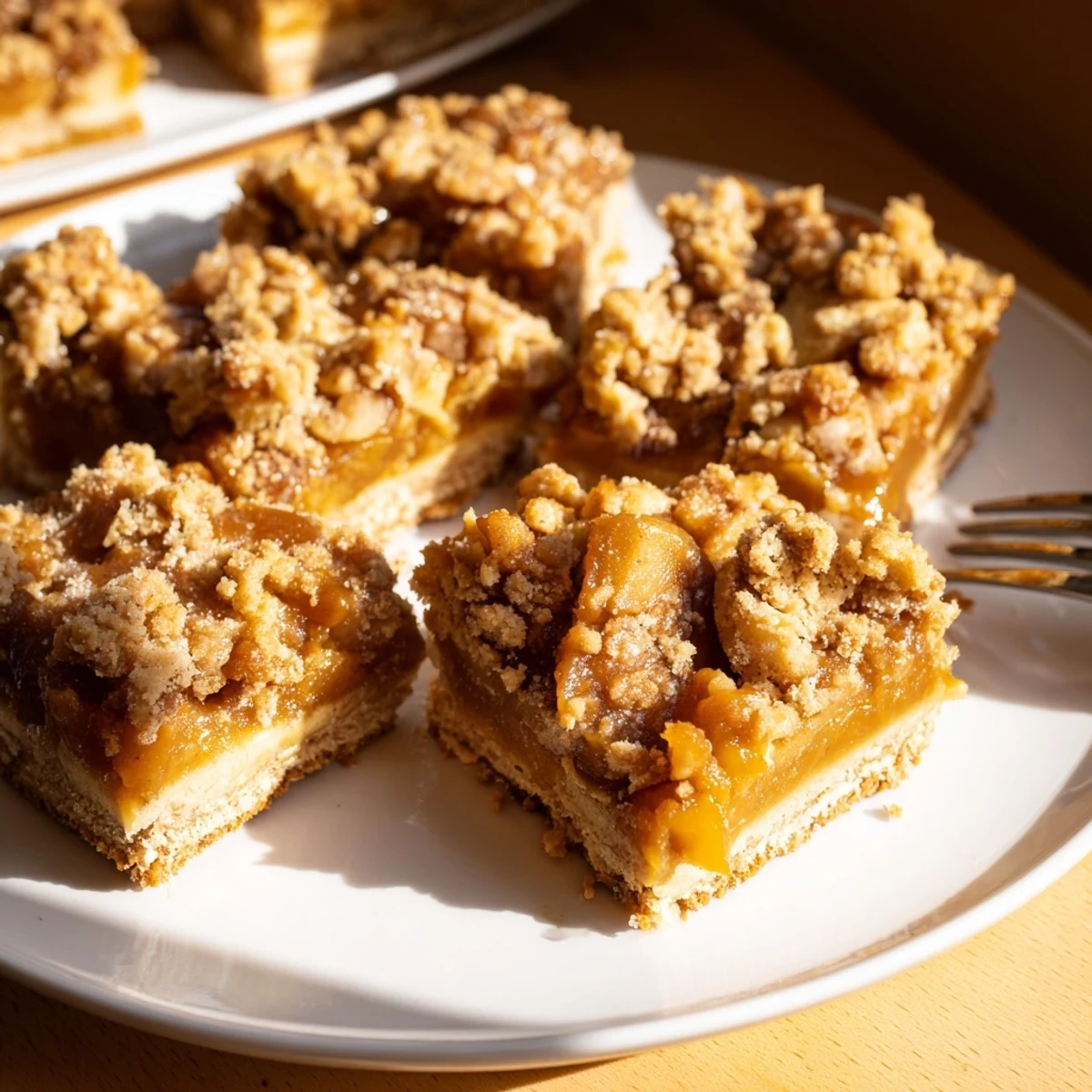 Buttery Caramel Apple Layered Cookie Bars topped with spiced apples and a crumbly crust.  