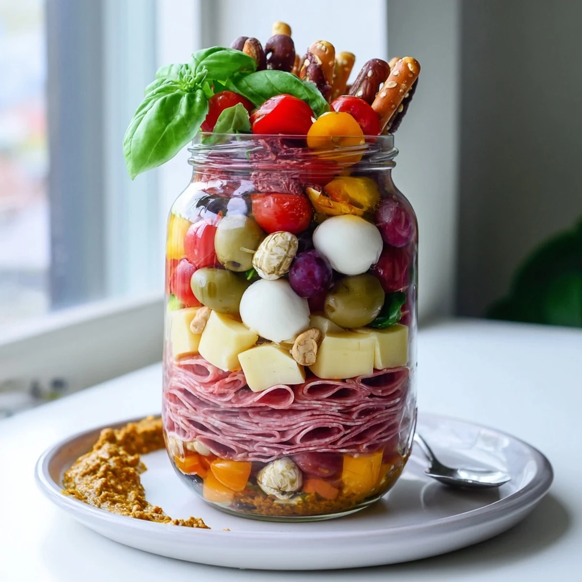 Delightful Monster “Chaos” Charcuterie Jar filled with vibrant meats, cheeses, and crunchy treats.  