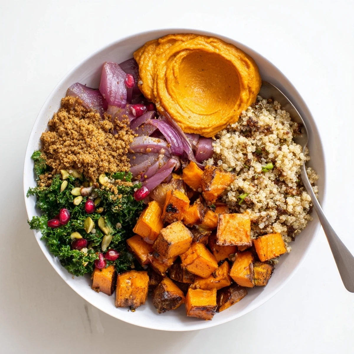 A warm spiced winter bowl filled with roasted vegetables and creamy ube-coconut purée.  