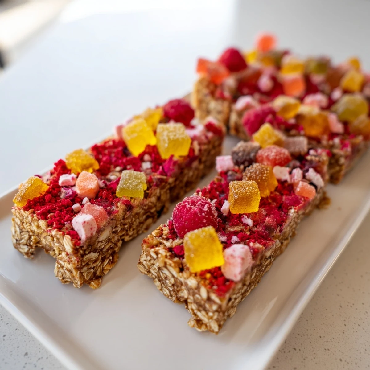 Colorful DIY snack bars showcasing chewy gummies and crispy freeze-dried candy.  