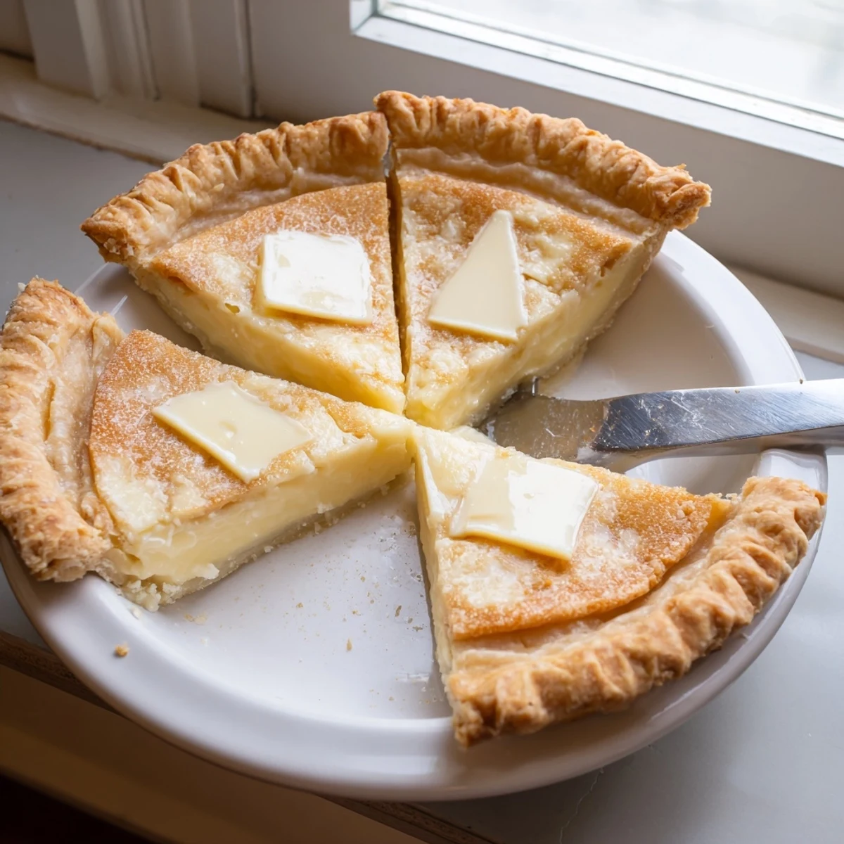 Water Pie with a golden crust, featuring creamy vanilla custard filling and buttery richness.  