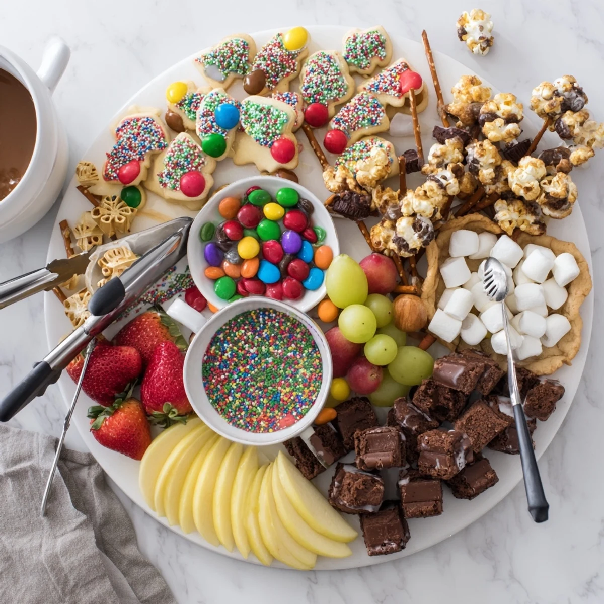 Indulgent dessert boards showcasing holiday snacks and vibrant fruit arrangements.