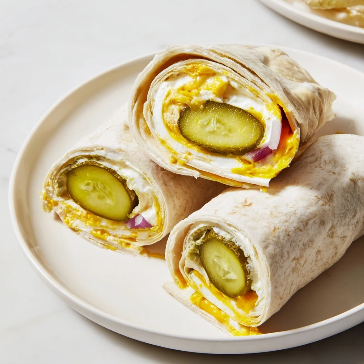 Crispy Pickle-in-a-Blanket snacks rolled with creamy cheese and soft tortillas.  