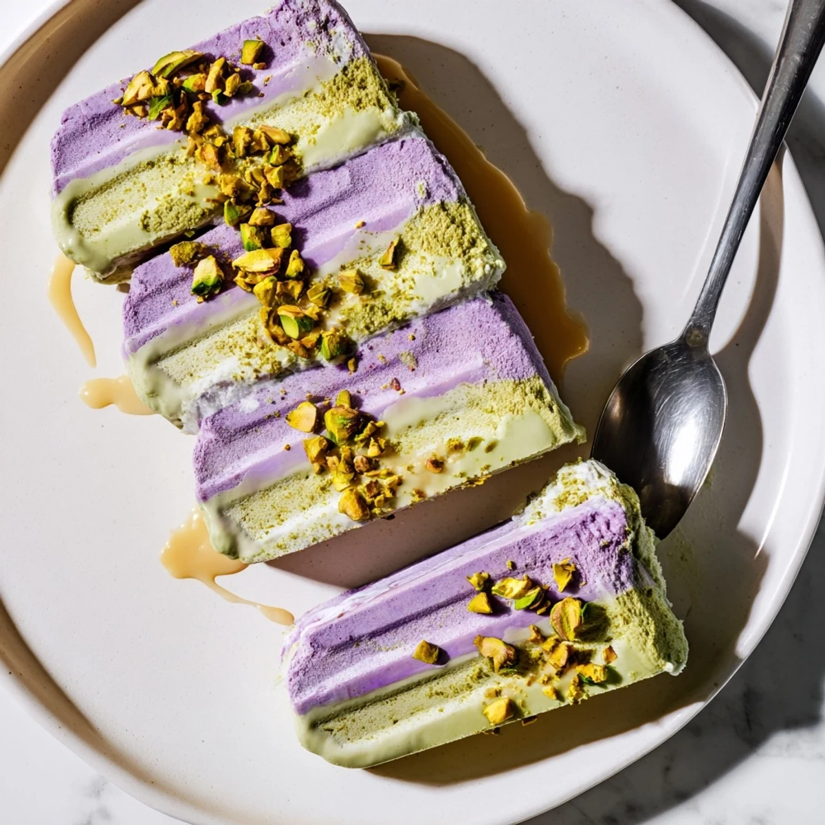Creamy ube and pistachio ice cream bars ready to cool in summer heat.  