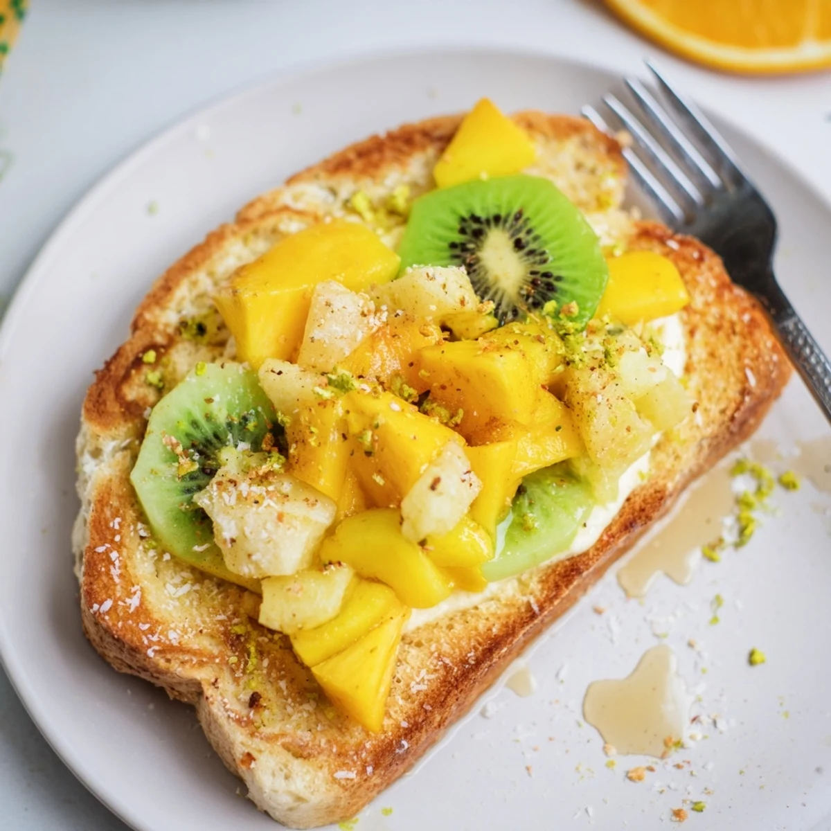 Delicious yogurt-custard toast topped with vibrant tropical fruits for breakfast bliss.  