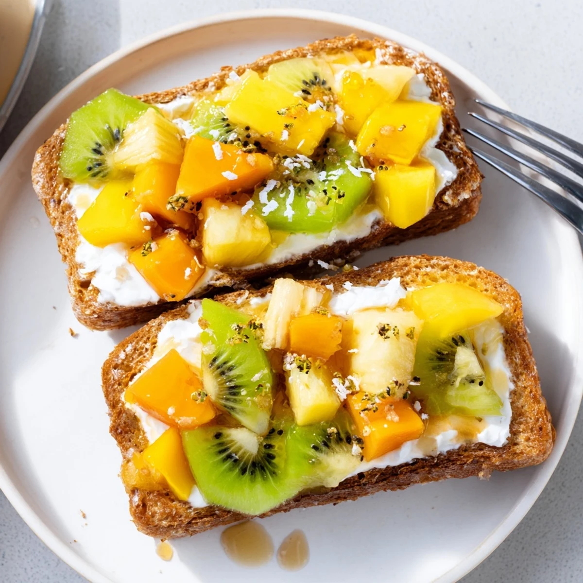 Indulge in creamy yogurt-custard toast garnished with mango, pineapple, and kiwi slices.