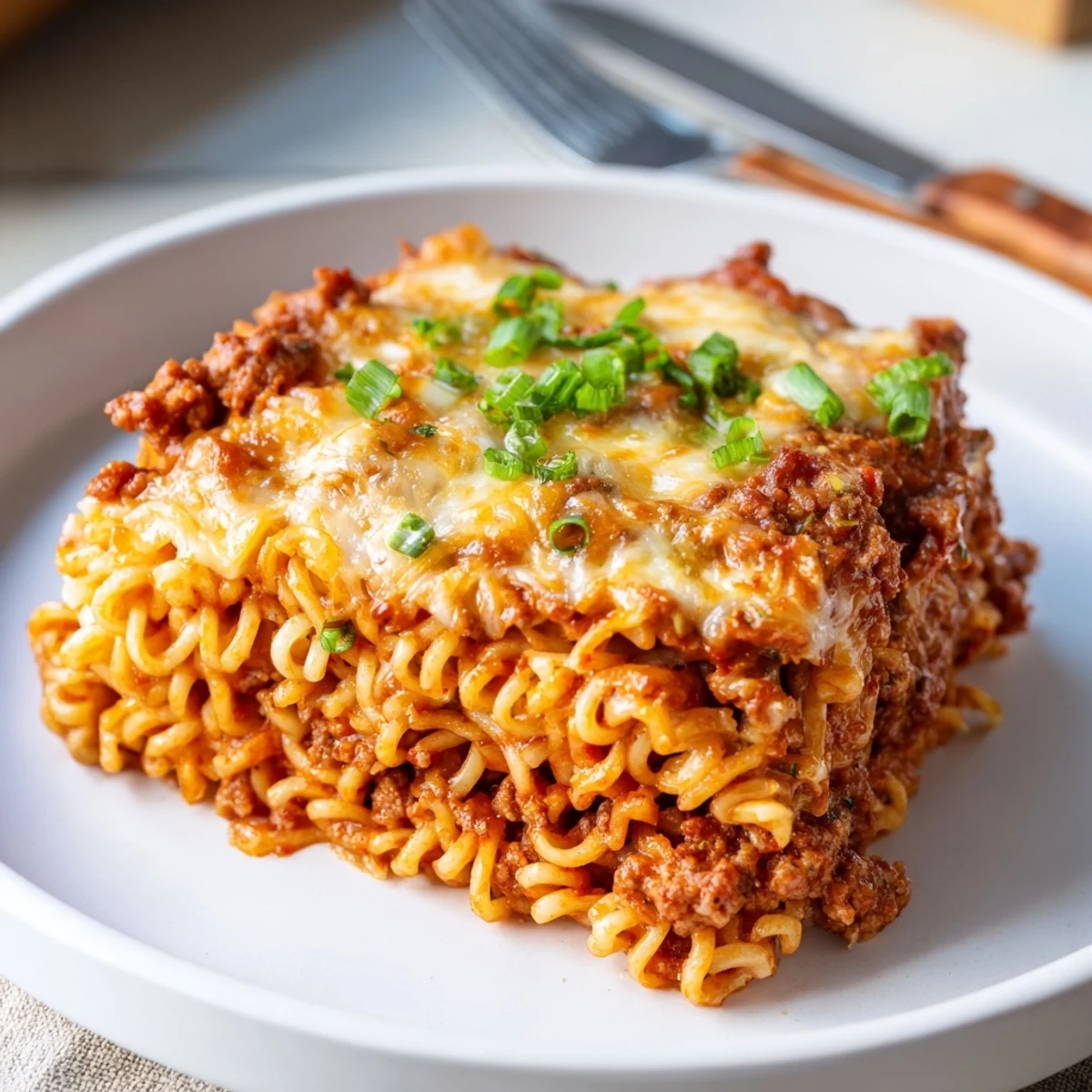 Delightful Spicy Ramen Lasagna simmering with rich flavors and gooey melted cheese topping.