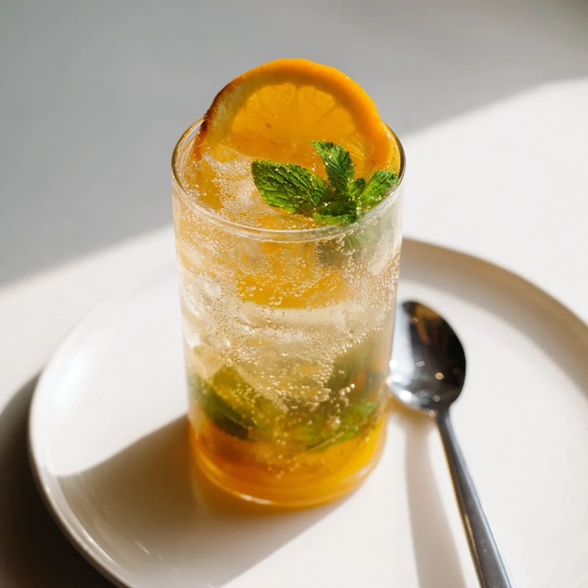 Light and fizzy probiotic soda mocktail showcasing bright orange and lime juice, perfect for sipping.