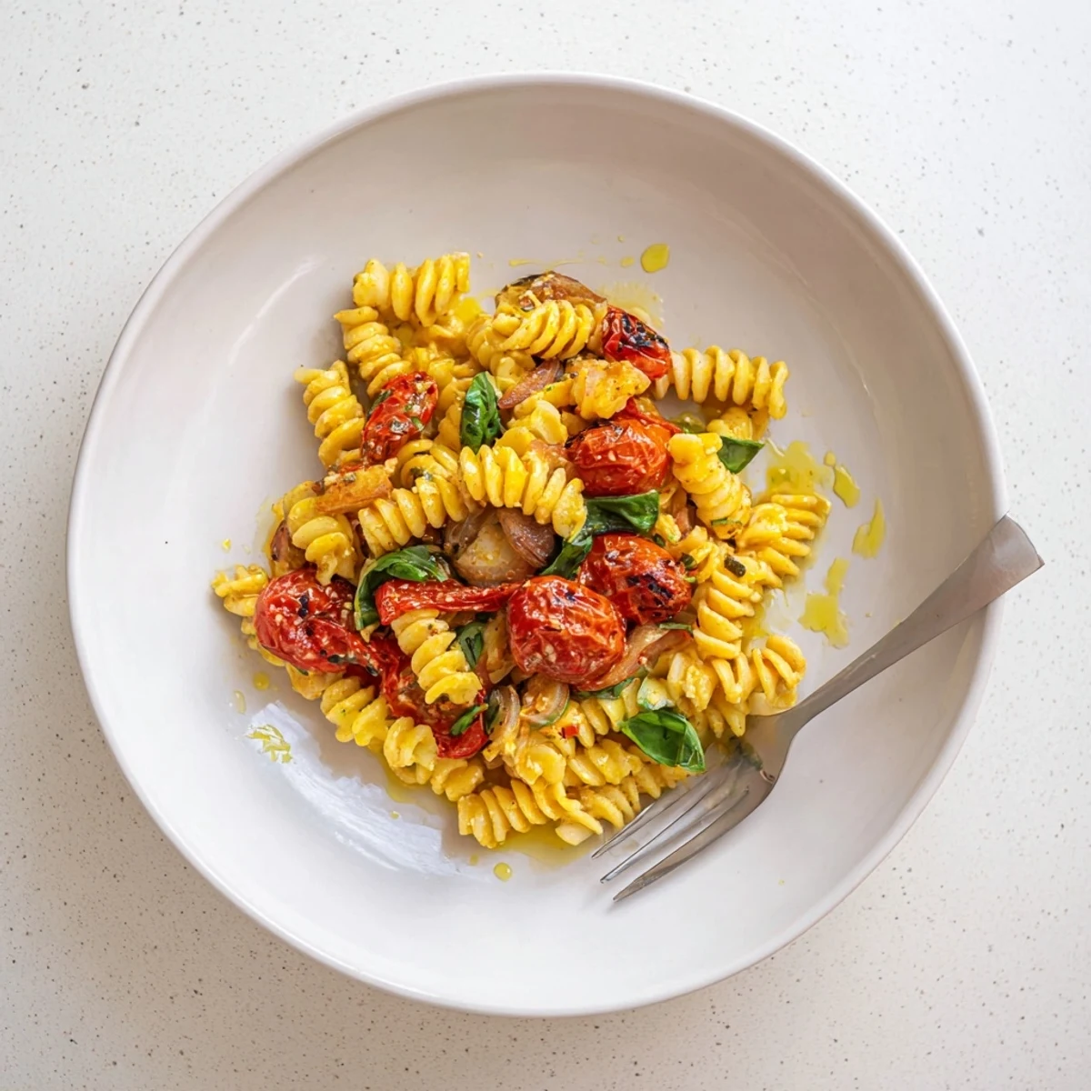 Creamy baked feta pasta with caramelized onions and sun-dried tomatoes.  