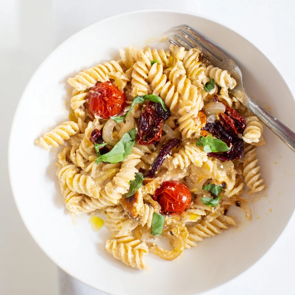 Irresistibly cheesy baked feta pasta topped with fresh basil and vegetables.  