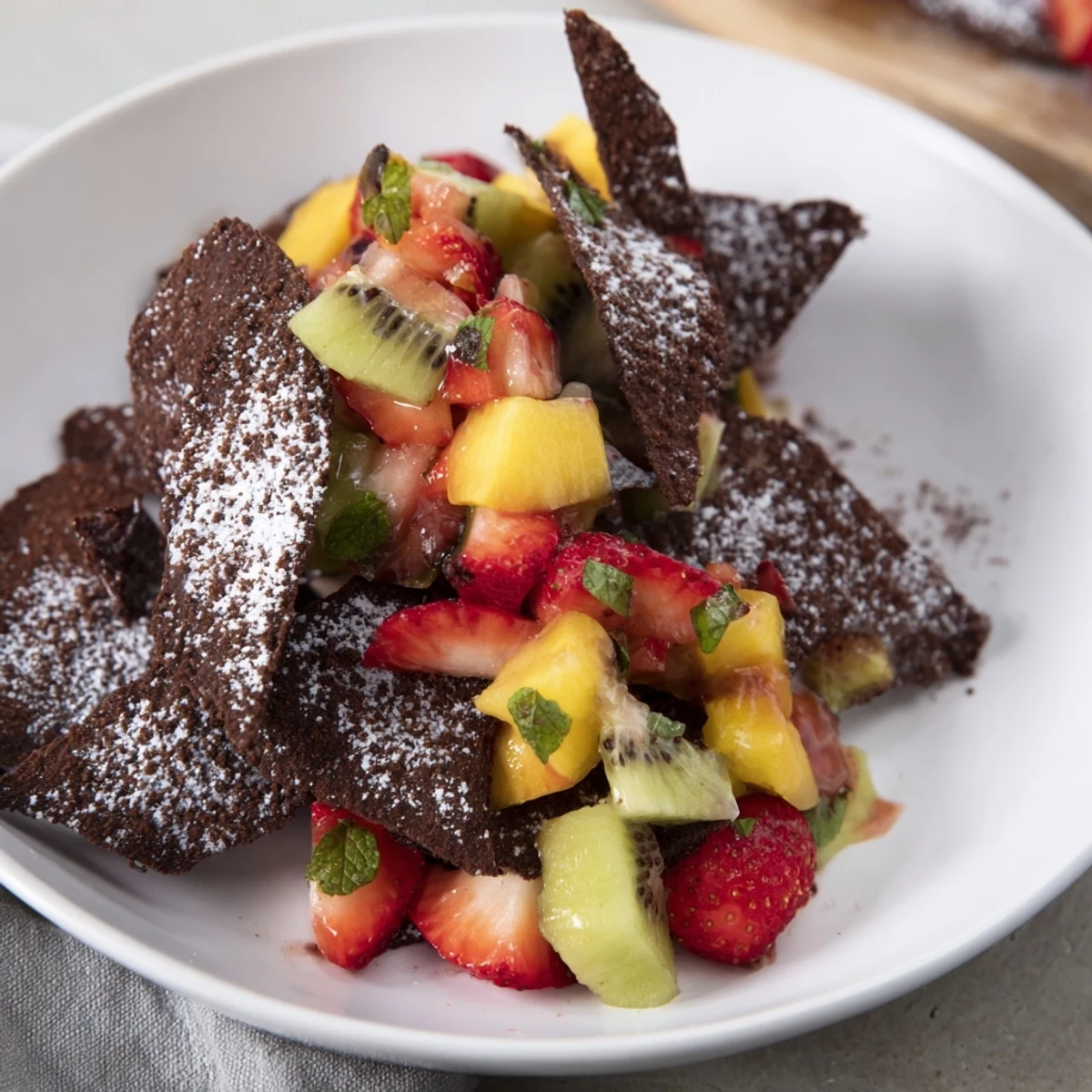 Crispy chocolate tortilla chips served with colorful, fresh fruit salsa for dessert.  