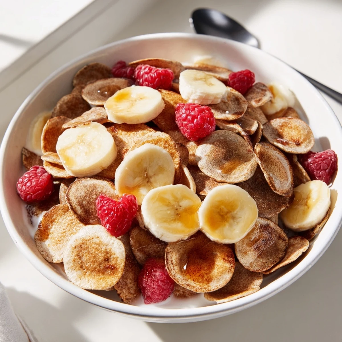 Mini pancake cereal topped with fresh berries and syrup in a cozy bowl.  