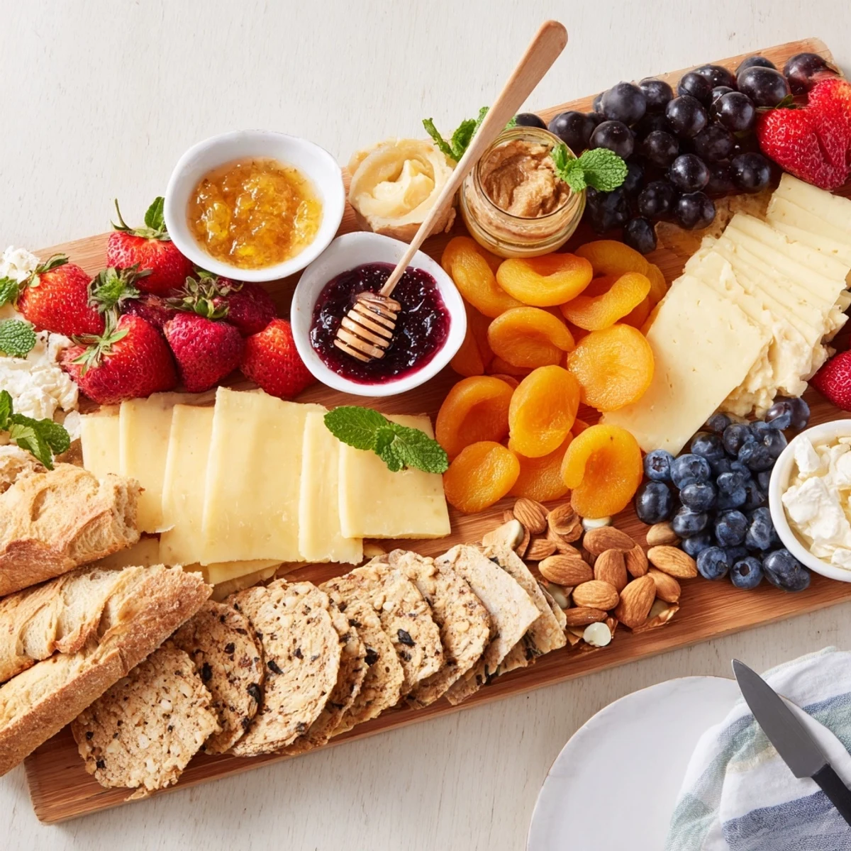 Enticing jam-infused brunch board with creamy brie, fruits, and crusty breads.  