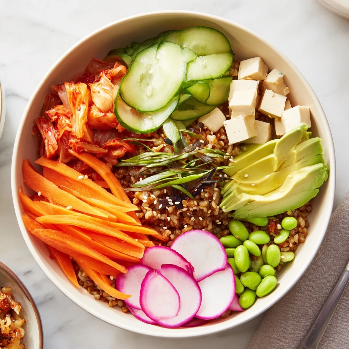 Nourishing fermented vegetable bowl topped with sliced avocado and tangy kimchi.  