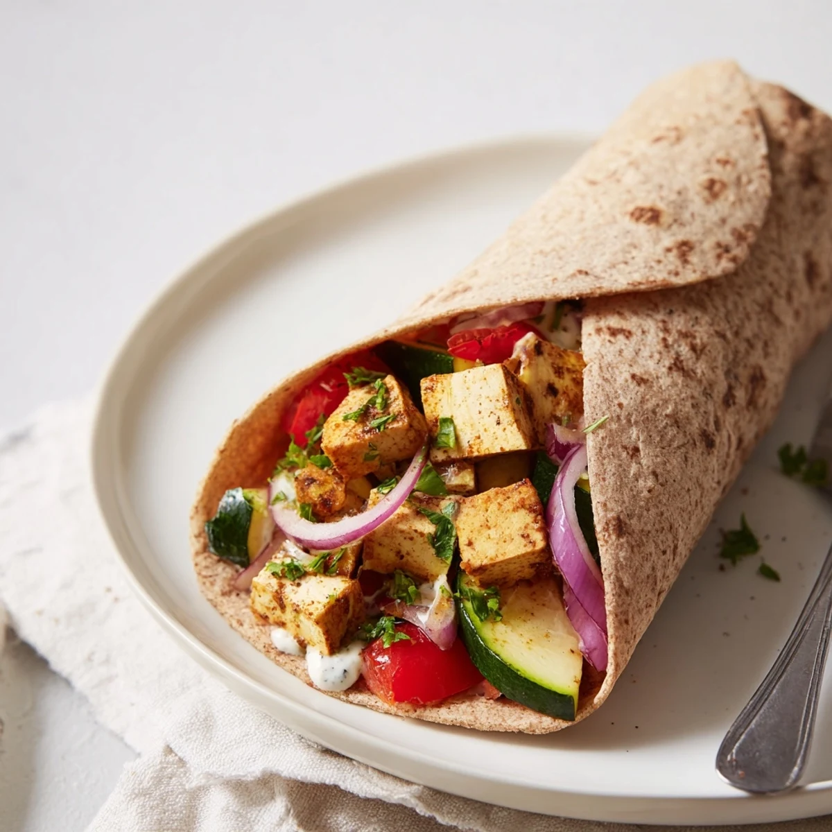 Vibrant vegan viral recipe re-make featuring roasted tofu and fresh vegetables in wraps.  