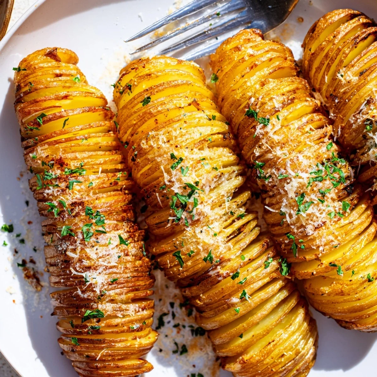 Golden, spiral-cut Air-Fryer Tornado Potatoes garnished with fresh parsley and chili flakes.