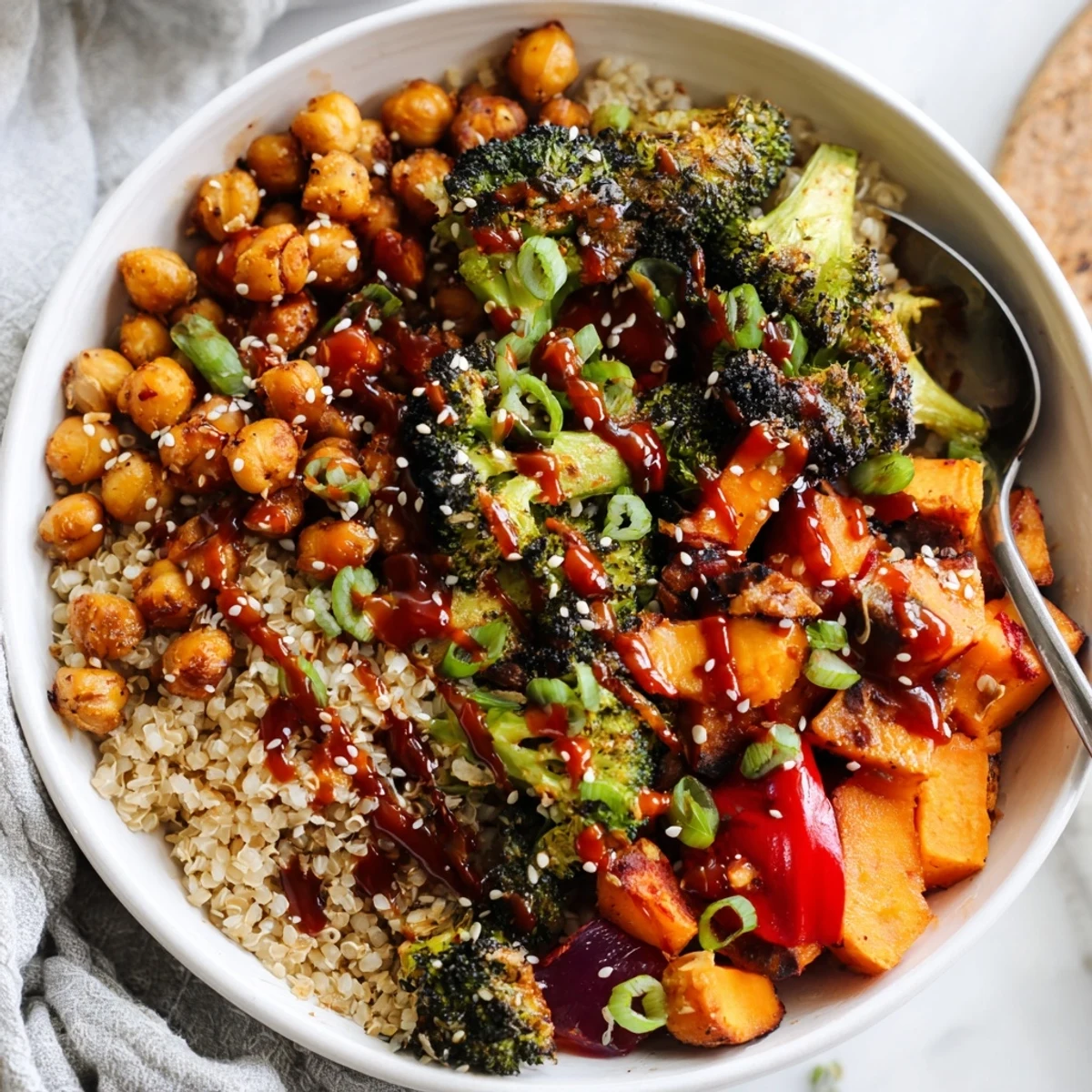 Vibrant Bold Sauce Drizzle Bowls topped with colorful roasted veggies and rich sauces.