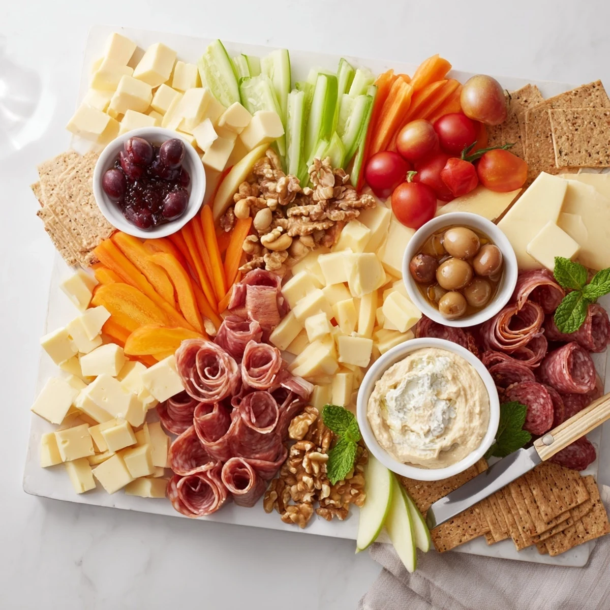 A visually appealing Girl Dinner Platter featuring vibrant cheeses, fresh fruits, and tasty dips.  